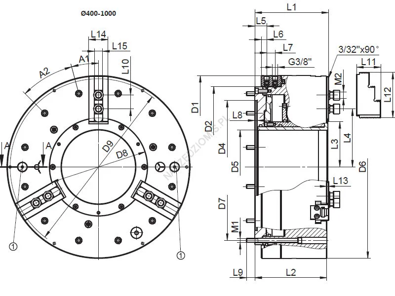 Rysunek techniczny: Uchwyt tokarski z cylindrem pneumatycznym T.2502 1000 przelot: 560, 3 szczękowy BISON-BIAL